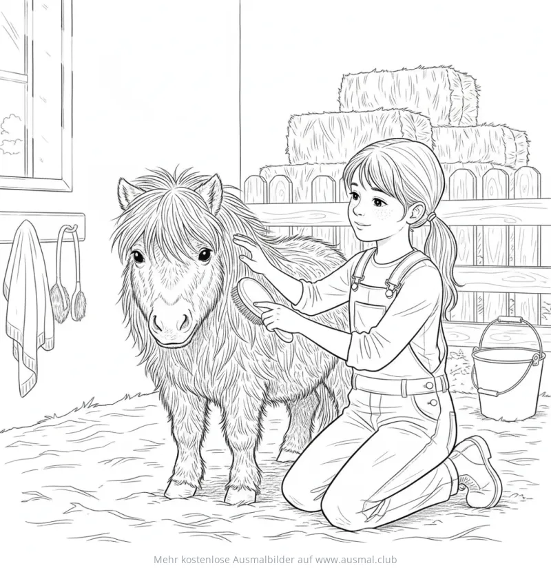 Pony wird von Mädchen gebürstet Ausmalbild