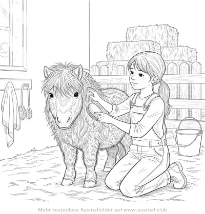 Pony wird von Mädchen gebürstet Ausmalbild