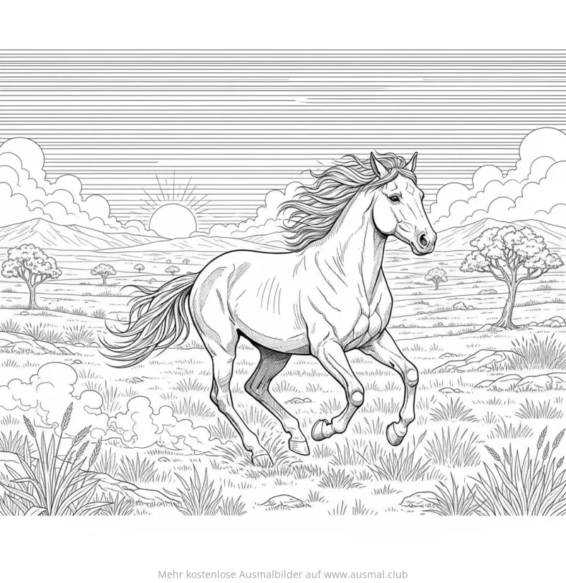 Galoppierender Mustang Ausmalbild in der Savanne