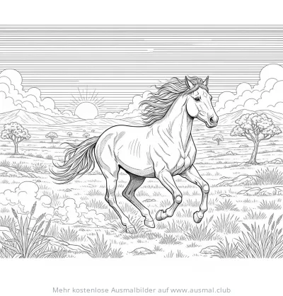 Galoppierender Mustang Ausmalbild in der Savanne