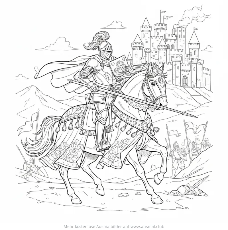 Ritter auf Pferd vor Burg Ausmalbild