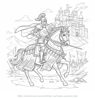 Ritter auf Pferd vor Burg Ausmalbild