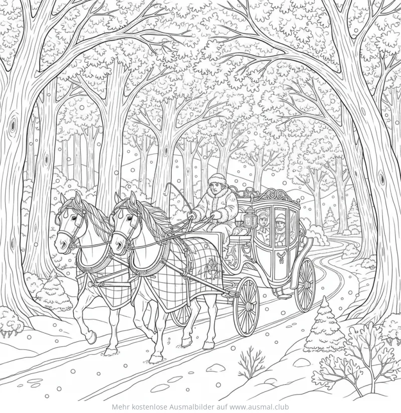 Pferde ziehen Kutsche durch winterlichen Wald Ausmalbild