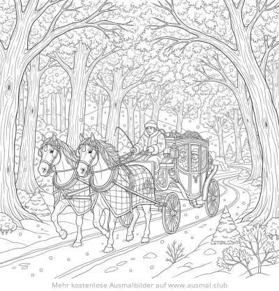 Pferde ziehen Kutsche durch winterlichen Wald Ausmalbild
