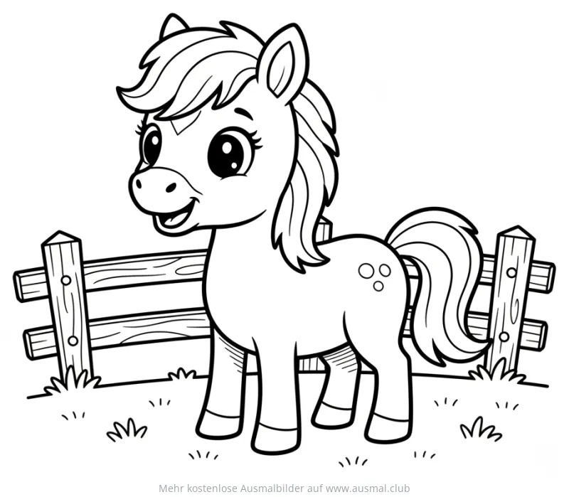 Niedliches Pony steht vor Holzzaun Ausmalbild