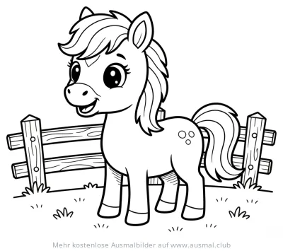 Niedliches Pony steht vor Holzzaun Ausmalbild