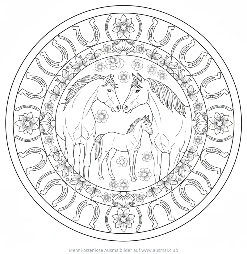 Pferde Familie mit Fohlen in kreisförmigem Design mit Blumen und Hufeisen Ausmalbild