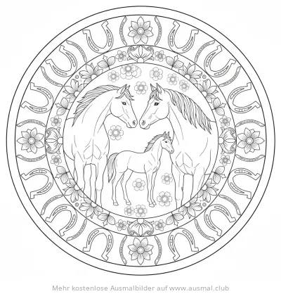 Pferde Familie mit Fohlen in kreisförmigem Design mit Blumen und Hufeisen Ausmalbild