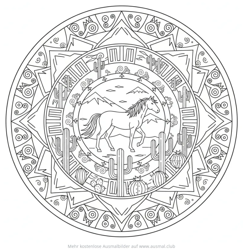 Mustang im Mandala mit Kakteen und Bergen Ausmalbild