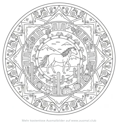 Mustang im Mandala mit Kakteen und Bergen Ausmalbild