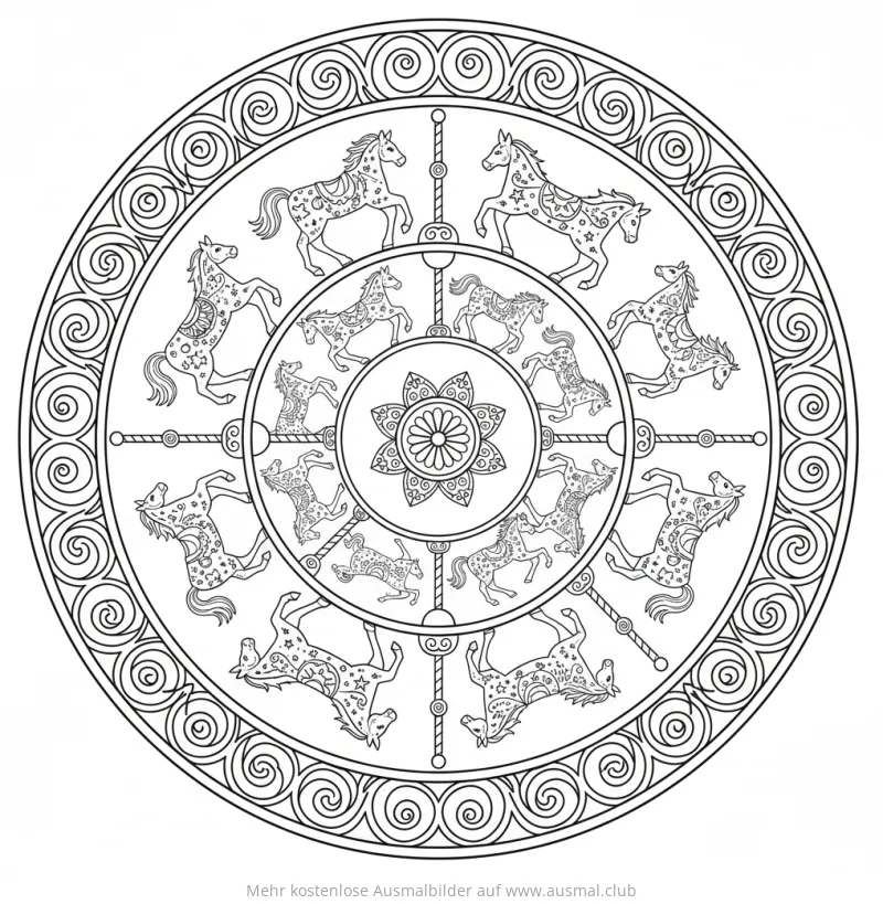 Pferde Karussell Ausmalbild mit Ornamenten