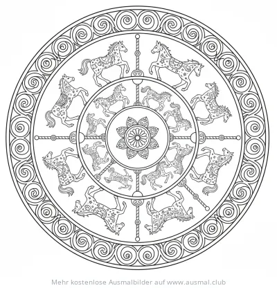 Pferde Karussell Ausmalbild mit Ornamenten