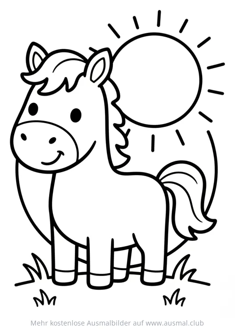 Niedliches Pony auf einer Wiese unter der Sonne Ausmalbild