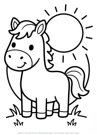 Niedliches Pony auf einer Wiese unter der Sonne Ausmalbild