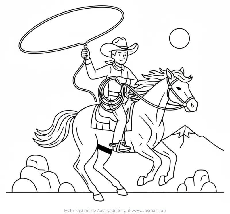 Cowboy auf Pferd mit Lasso Ausmalbild