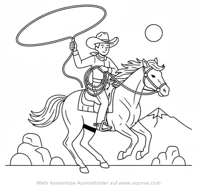 Cowboy auf Pferd mit Lasso Ausmalbild