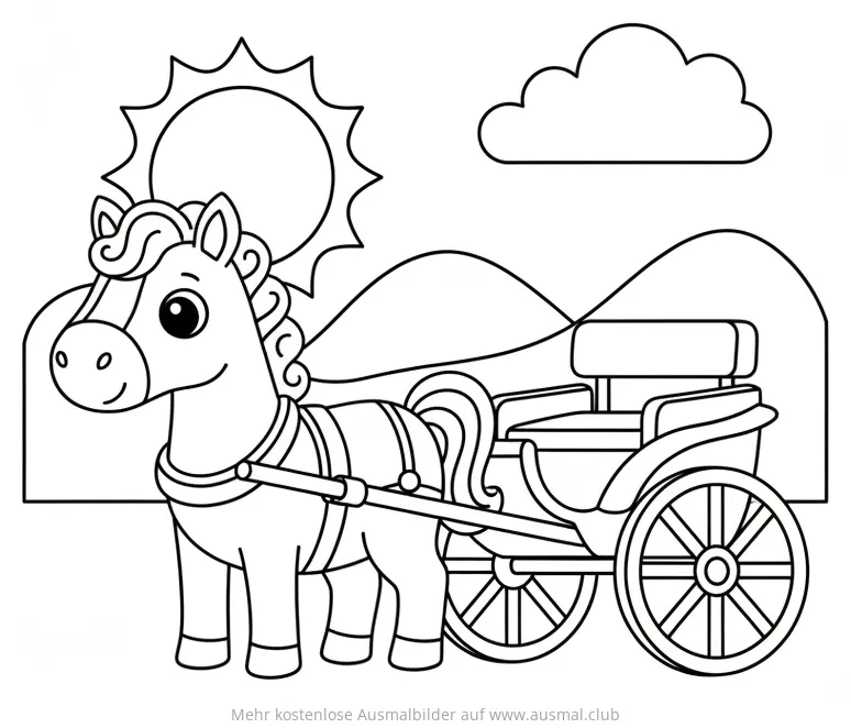 Pferd mit Kutsche Ausmalbild vor Hügellandschaft
