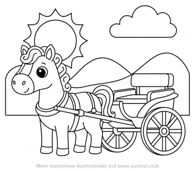 Pferd mit Kutsche Ausmalbild vor Hügellandschaft