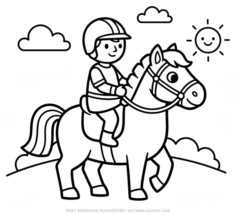 Pferd mit Reiter und lachender Sonne Ausmalbild