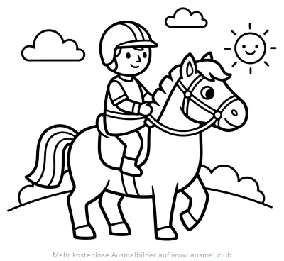 Pferd mit Reiter und lachender Sonne Ausmalbild