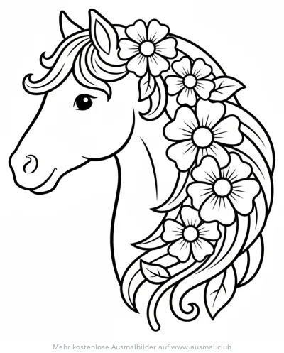 Pferdeportrait mit Blumen in der Mähne Ausmalbild