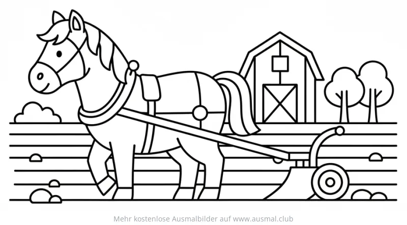 Pferd zieht Pflug Ausmalbild auf einem Feld