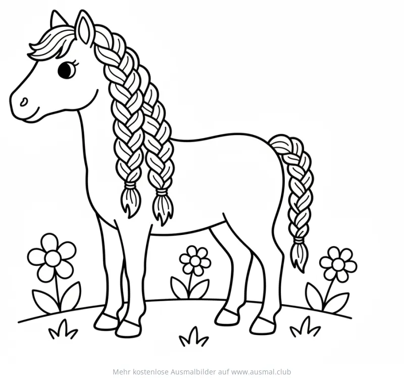 Pferd mit geflochtener Mähne und Schweif auf Blumenwiese Ausmalbild