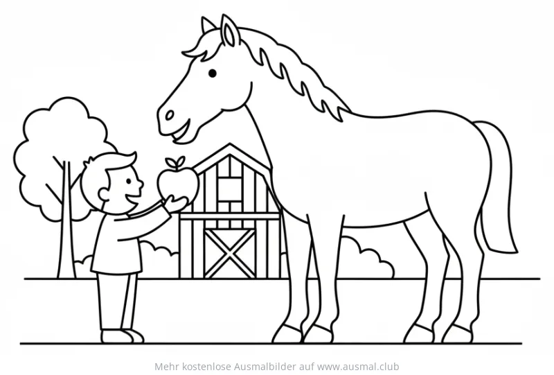 Junge füttert Pferd mit Apfel Ausmalbild