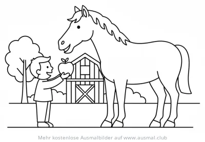 Junge füttert Pferd mit Apfel Ausmalbild