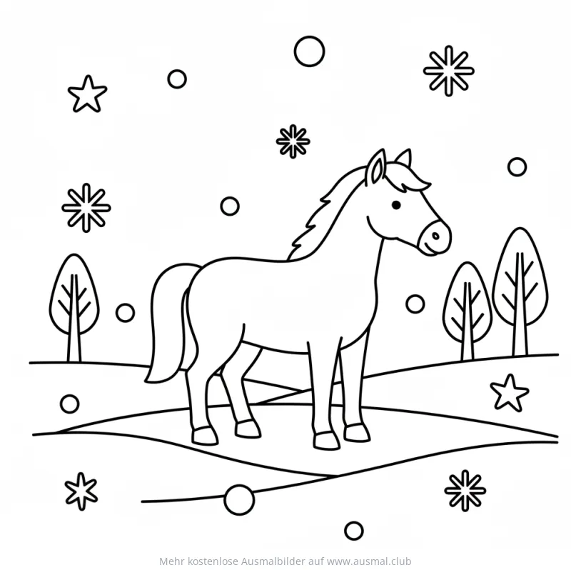 Pferd im Winterlandschaft Ausmalbild mit Schneeflocken und Sternen