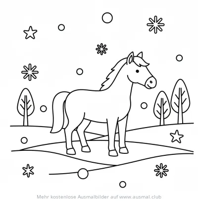 Pferd im Winterlandschaft Ausmalbild mit Schneeflocken und Sternen