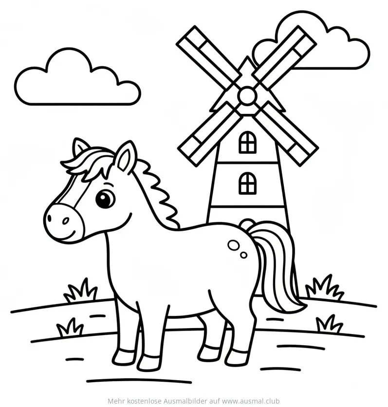Pferd auf Weide mit Windmühle Ausmalbild