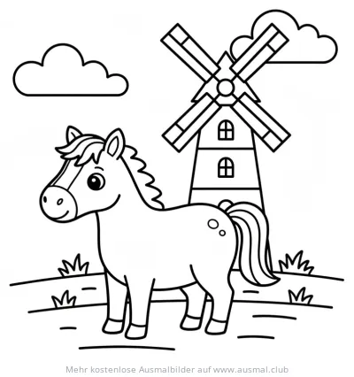 Pferd auf Weide mit Windmühle Ausmalbild