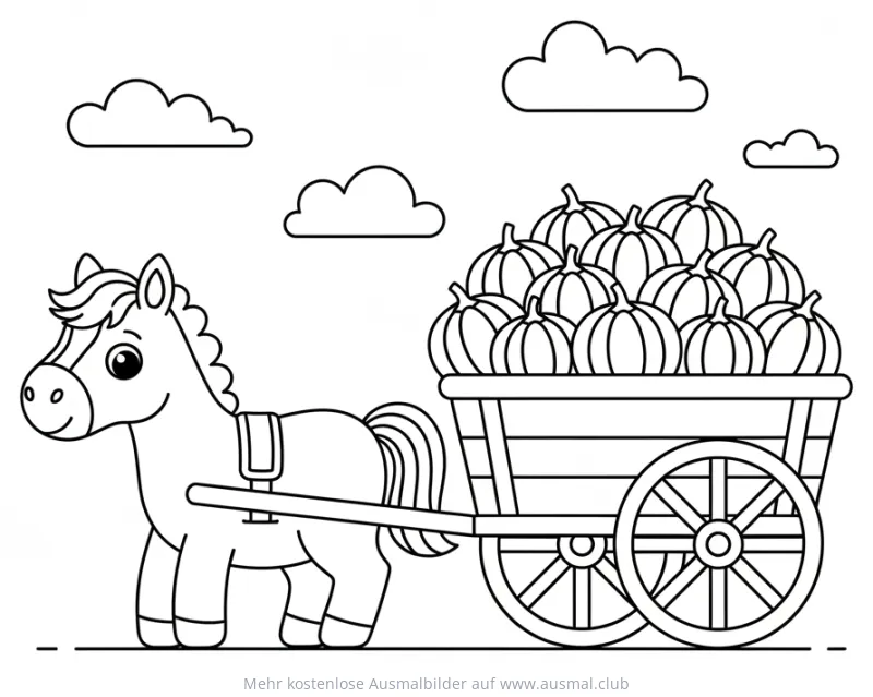 Pferd zieht einen Kürbiswagen Ausmalbild