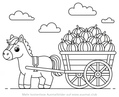 Pferd zieht einen Kürbiswagen Ausmalbild