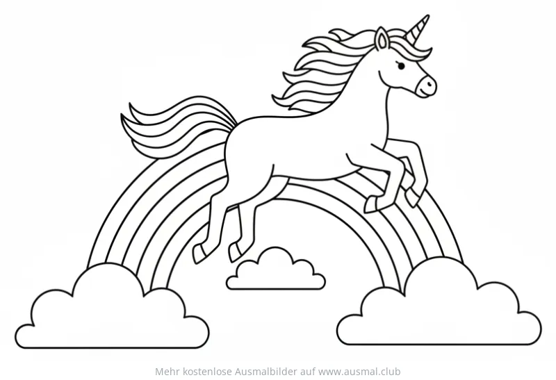 Einhorn springt über Regenbogen Ausmalbild mit Wolken