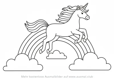 Einhorn springt über Regenbogen Ausmalbild mit Wolken