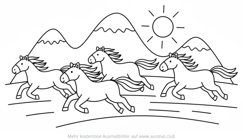 Wildpferde galoppieren vor Bergkulisse Ausmalbild