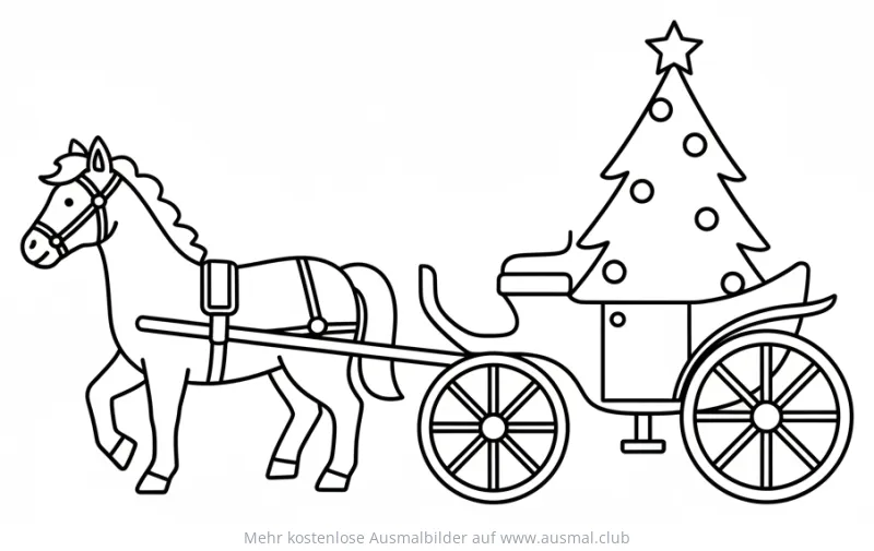 Pferd zieht Weihnachtswagen mit Tannenbaum Ausmalbild