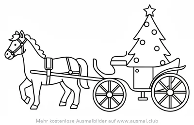 Pferd zieht Weihnachtswagen mit Tannenbaum Ausmalbild