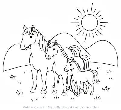 Pferdefamilie Ausmalbild mit Stute, Fohlen und weiterem Pferd vor Hügellandschaft