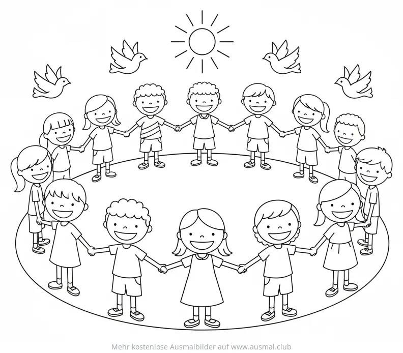 Kinder halten Händchen im Kreis Ausmalbild