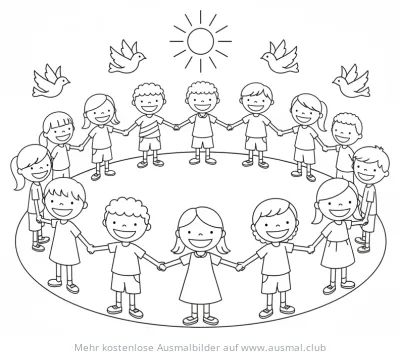 Kinder halten Händchen im Kreis Ausmalbild