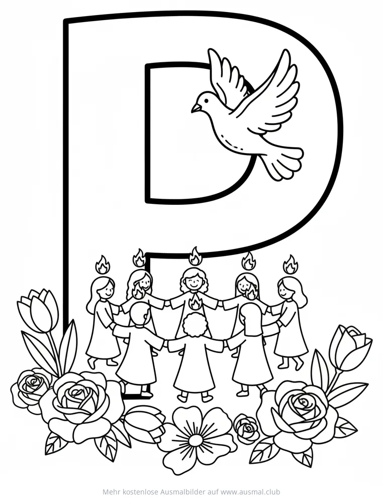 Buchstabe P mit Pfingstmotiven Ausmalbild