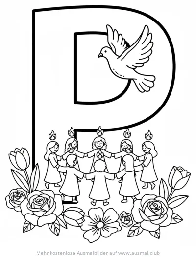 Buchstabe P mit Pfingstmotiven Ausmalbild