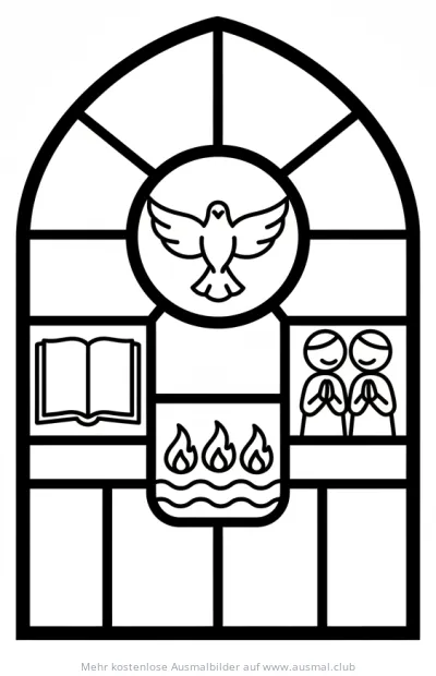 Buntglasfenster mit Pfingstsymbolen Ausmalbild