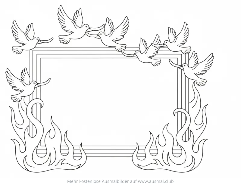 Rahmen mit Tauben und Flammen Ausmalbild