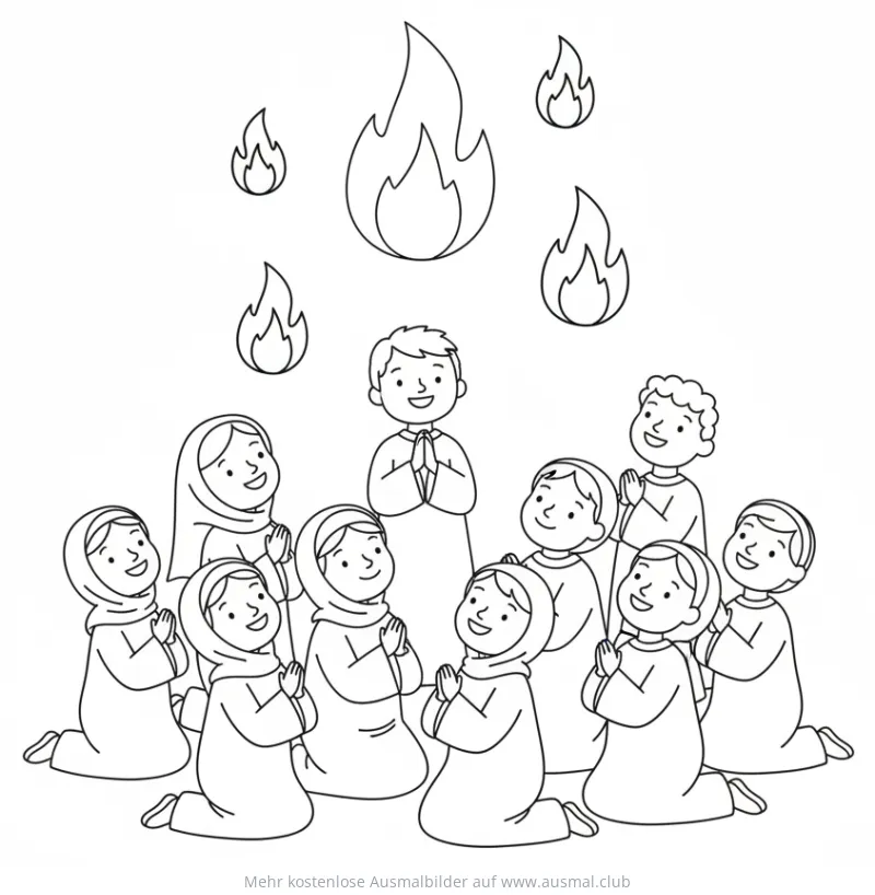 Betende Menschen mit Feuerzungen Ausmalbild