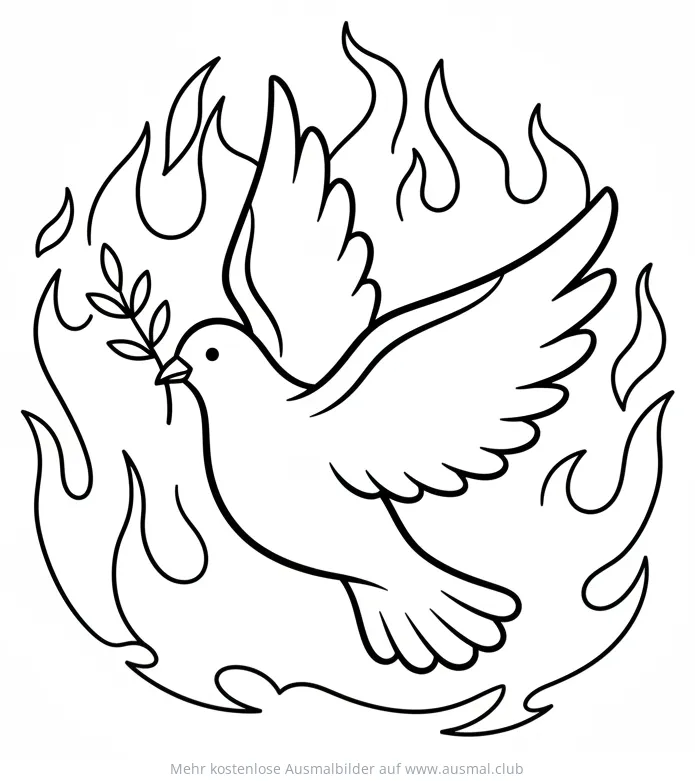 Fliegende Taube mit Olivenzweig in Flammen Ausmalbild