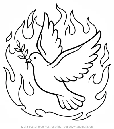 Fliegende Taube mit Olivenzweig in Flammen Ausmalbild